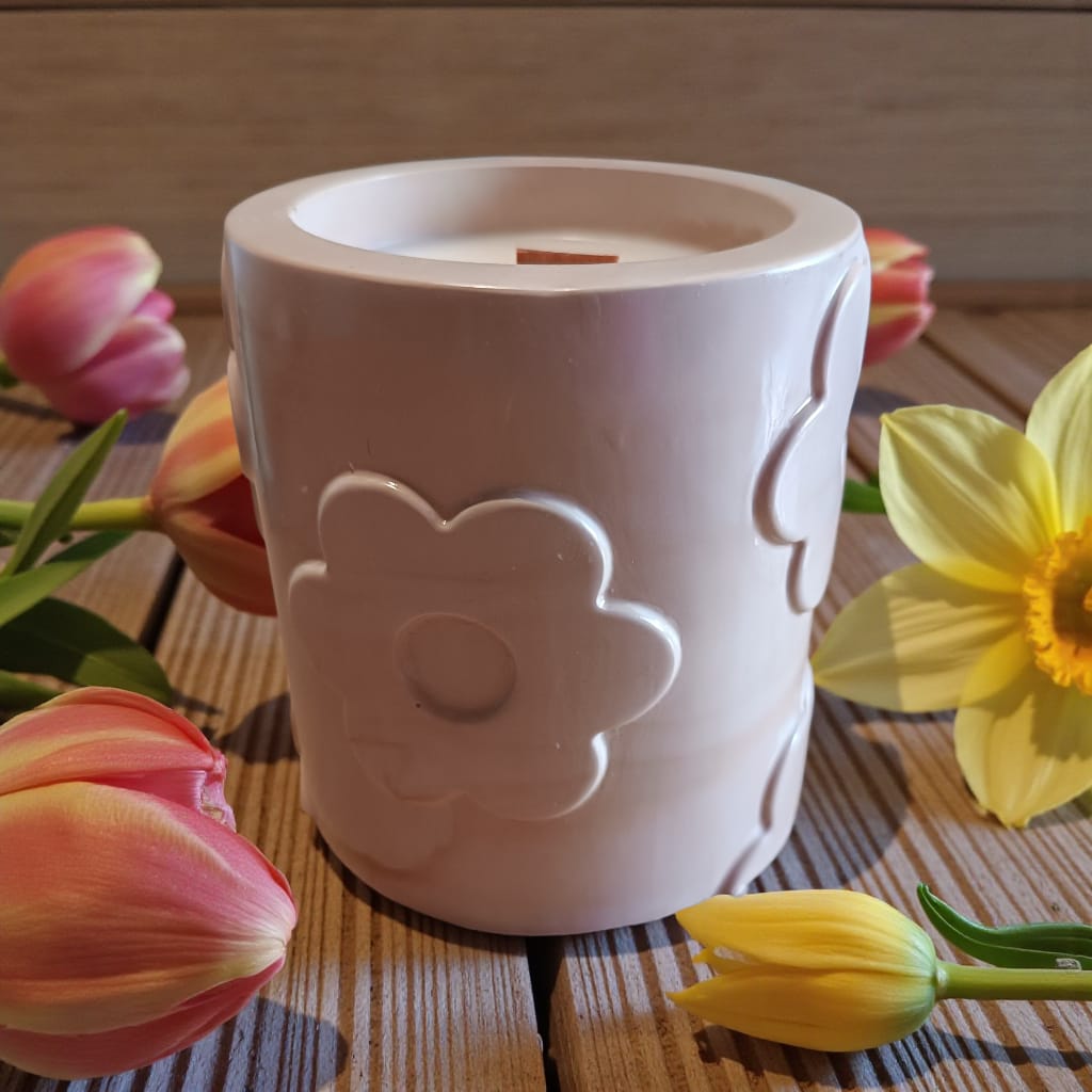 Bougie pot fleur mèche en bois 